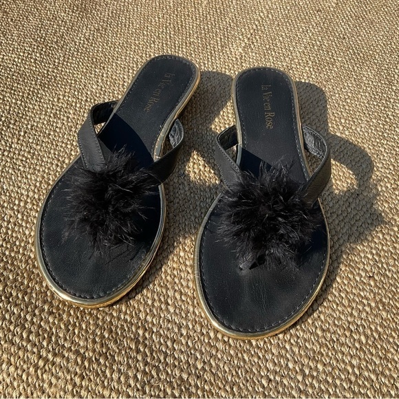 La Vie En Rose Boudoir Slippers Black Feather Flats Thong Sandals Shoes Size 8 - Picture 2 of 6